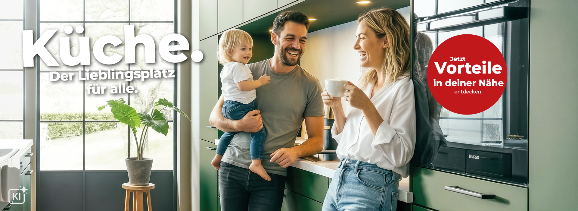 Familie in moderner Küche mit Pflanzen, lächelnd und entspannt, genießen gemeinsame Zeit und Kaffee.