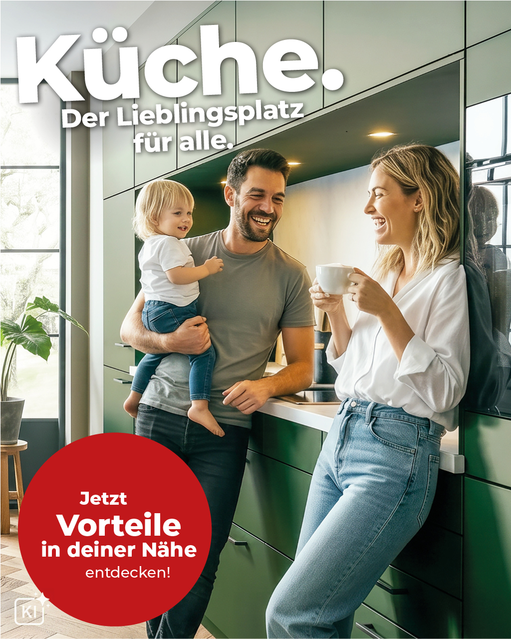 Familie in moderner Küche, Eltern lachen und genießen Zeit mit ihrem Kleinkind, während sie Getränke halten.